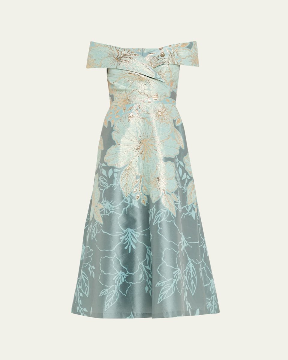 Off-Shoulder Metallic Jacquard Midi Dress